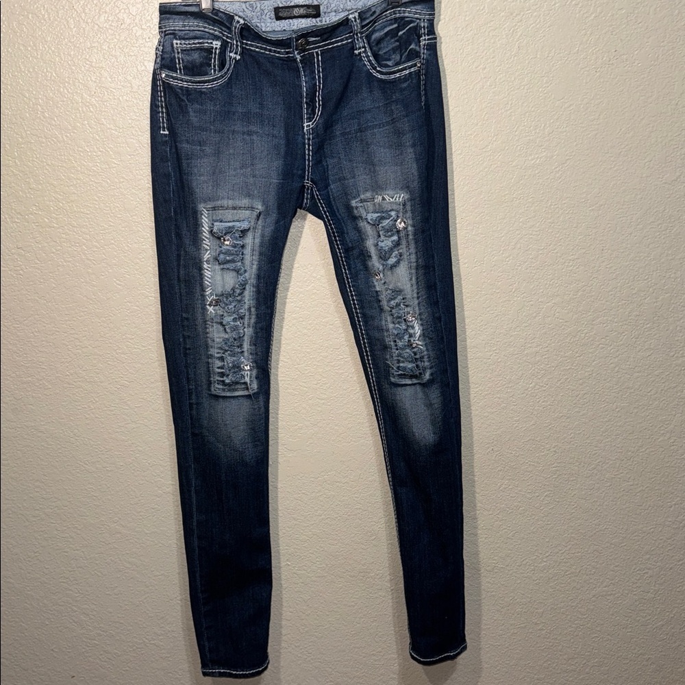 Women’s Dark Wash Distressed Rhinestone Embellished Jeans Size 13 Denim